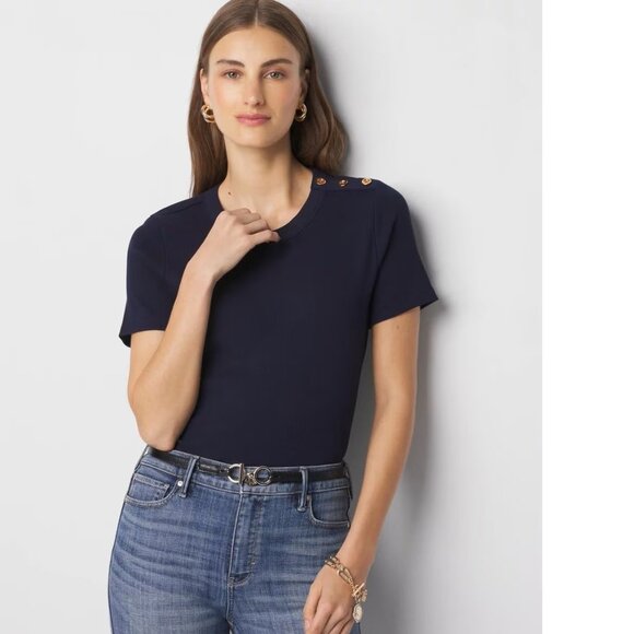 WHBM Button Shoulder Tee Navy - Picture 1 of 6